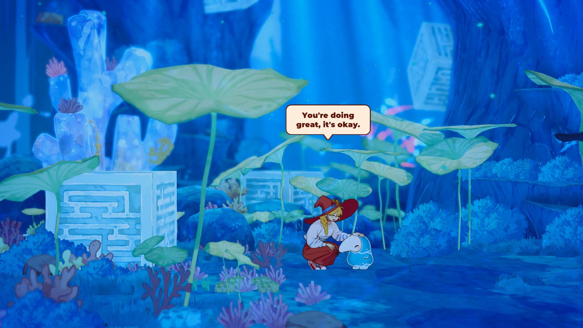 Lunne kneels beside a small water spirit inside a blue underwater Heart Palace in The Witch’s Bakery