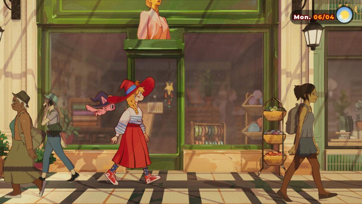 Lunne walks past shopfronts on a hand-drawn Paris street in The Witch’s Bakery