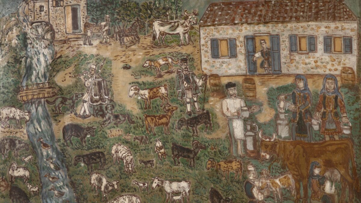 Theofilos Hadjimichael painting Village a Lesvos, a rural scene with shepherds, goats, cattle and village houses on Lesbos