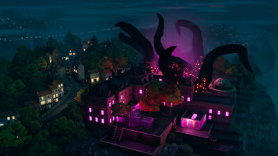 Giant black tentacles rise over the Grand hotel on a clifftop seaside town at night in There Are No Ghosts at the Grand
