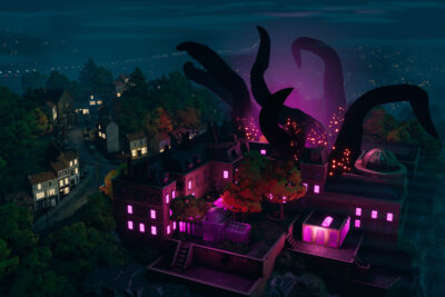 Giant black tentacles rise over the Grand hotel on a clifftop seaside town at night in There Are No Ghosts at the Grand