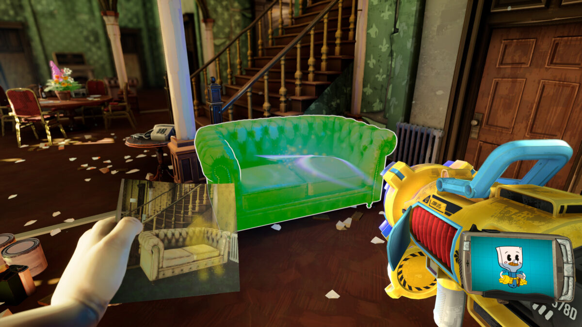 First-person view holding an old photo and a power tool inside the dilapidated hotel lobby in There Are No Ghosts at the Grand