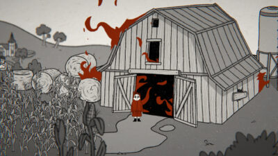 Tom the Postgirl stands in front of a burning barn in Tom the Postgirl