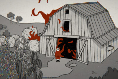 Tom the Postgirl stands in front of a burning barn in Tom the Postgirl