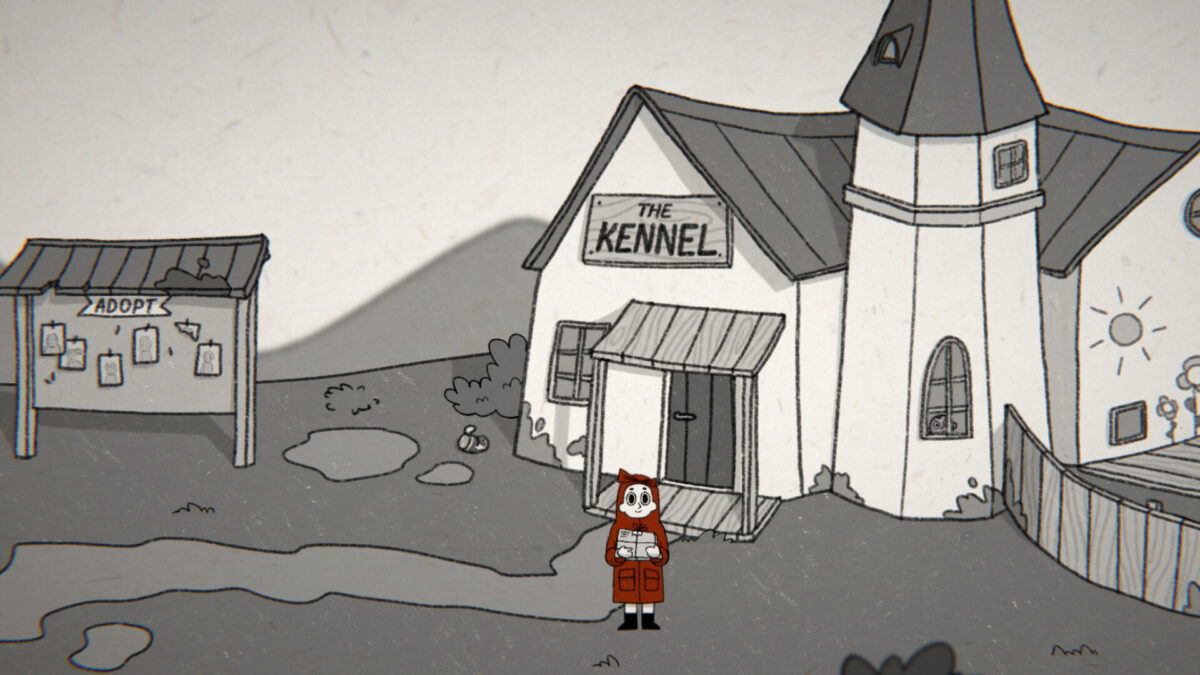 Tom delivers a parcel outside The Kennel, the village orphanage, in Tom the Postgirl