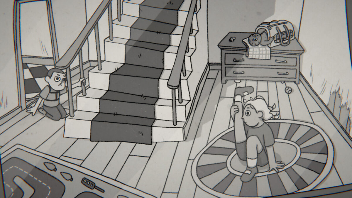 Two children inside a villager house, seen from the doorway in Tom the Postgirl