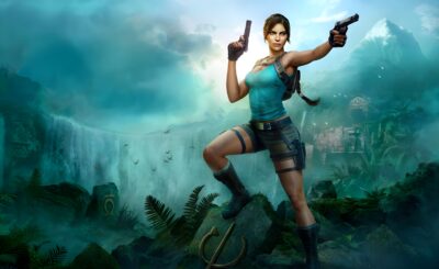 Tomb Raider: Legacy of Atlantis key art, Lara Croft aiming her two pistols on a jungle rock in front of the Lost Valley waterfall and ruins