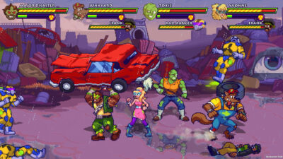 Toxic Crusaders screenshot: four Crusaders brawl Radiation Rangers in a Tromaville junkyard as Junkyard lifts a red car