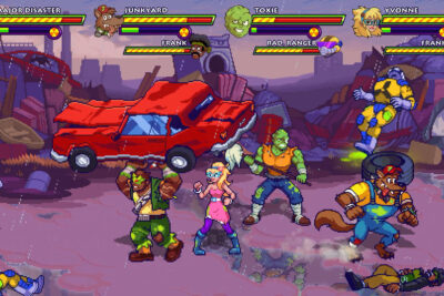 Toxic Crusaders screenshot: four Crusaders brawl Radiation Rangers in a Tromaville junkyard as Junkyard lifts a red car