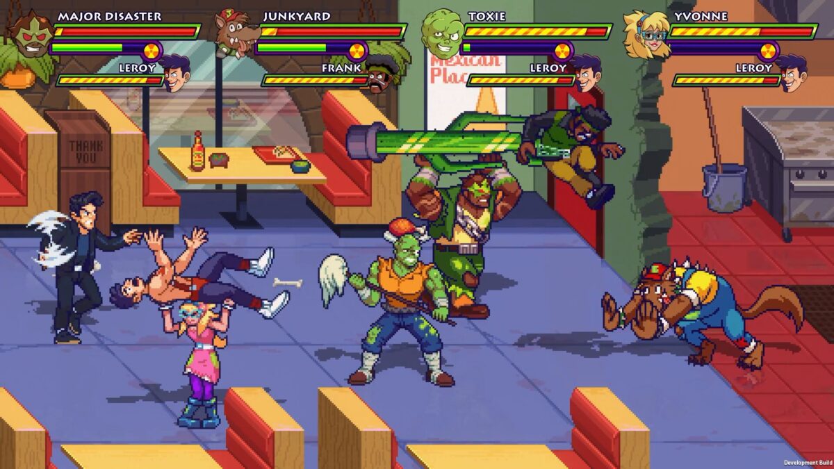 Toxic Crusaders screenshot: Toxie, Yvonne, Junkyard and Major Disaster brawl through a Mexican diner