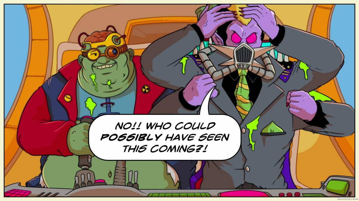Toxic Crusaders comic-style cutscene: Dr. Killemoff in his gas mask panics beside a henchman