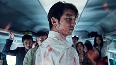 Gong Yoo blood-stained in a train carriage in Train to Busan