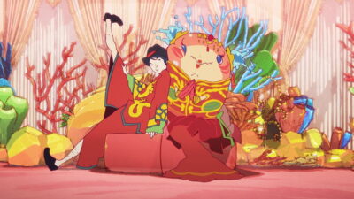 Stephan and the mermaid princess ChaO in red wedding clothes in a still from Yasuhiro Aoki's animated film ChaO