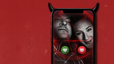 Key art for Swipe Right on the Devil: a smartphone with devil horns showing a black-and-white photo of a man and a woman behind a cracked screen, with heart and devil buttons