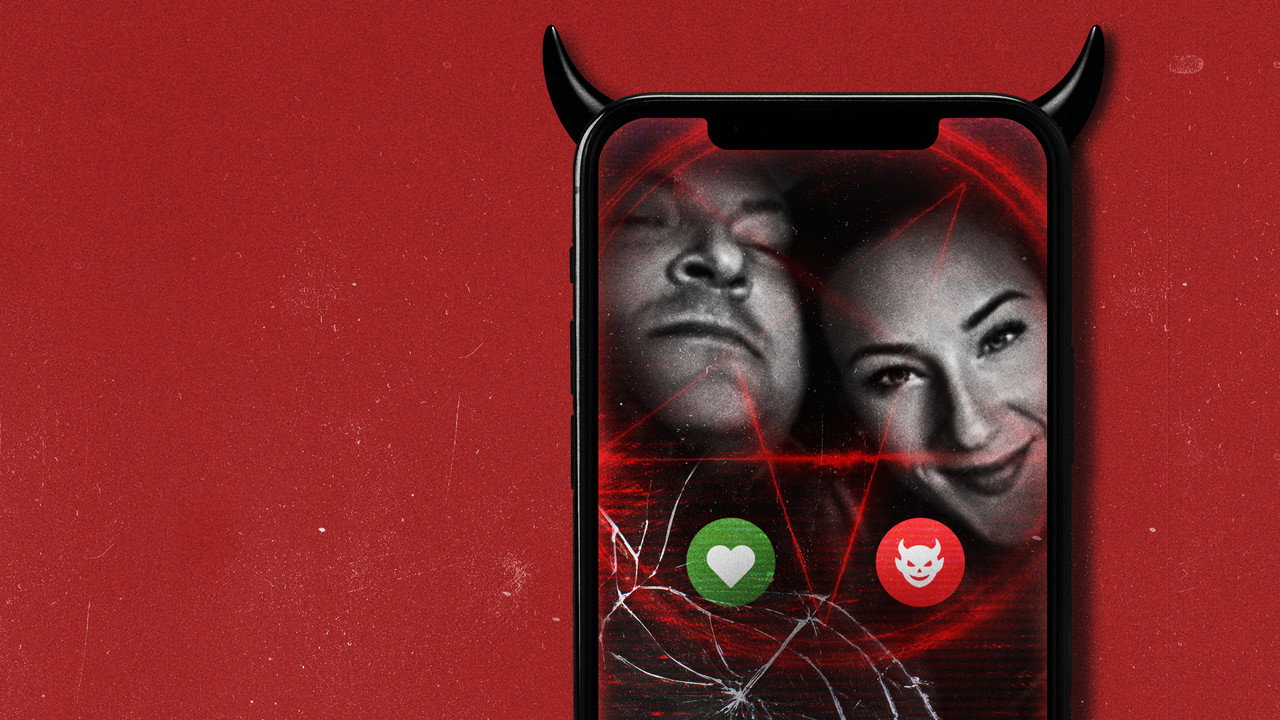 Key art for Swipe Right on the Devil: a smartphone with devil horns showing a black-and-white photo of a man and a woman behind a cracked screen, with heart and devil buttons