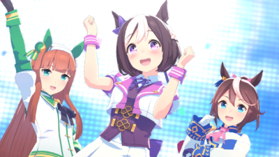Special Week, Silence Suzuka and Tokai Teio celebrate on stage during a winning concert in Umamusume Pretty Derby