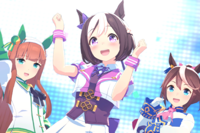 Special Week, Silence Suzuka and Tokai Teio celebrate on stage during a winning concert in Umamusume Pretty Derby