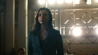 Mikey Madison as whistleblower Frances Haugen in a hearing room scene from The Social Reckoning
