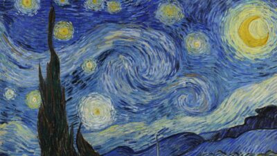 Detail of Van Gogh's The Starry Night: a crescent Moon, swirling blue sky, glowing stars and a dark cypress above the hills