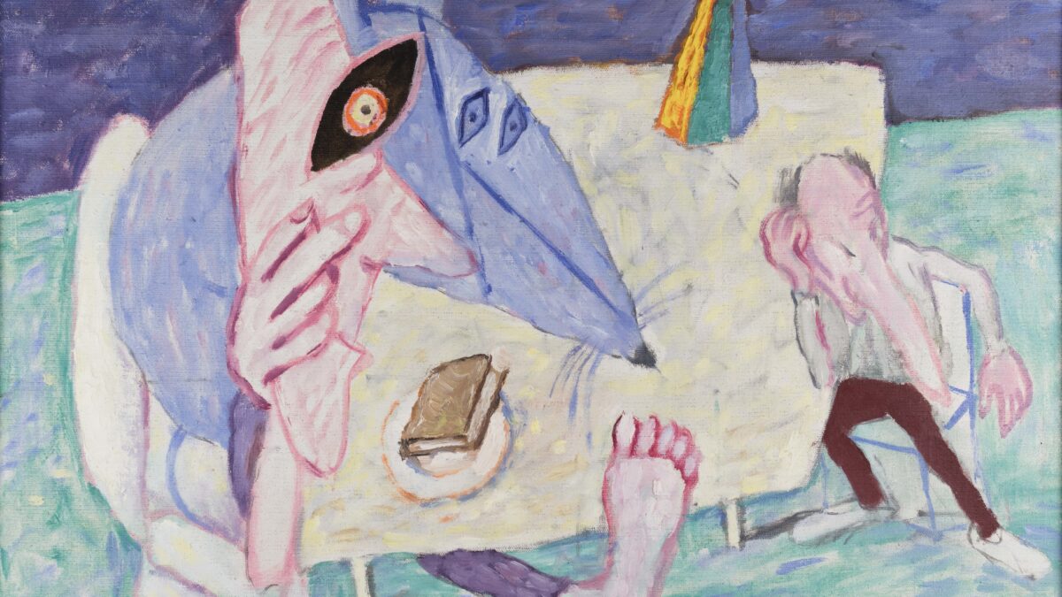 Viktor Pivovarov painting The Literary Dispute, a pink and blue creature beside a table and a thin figure in a chair