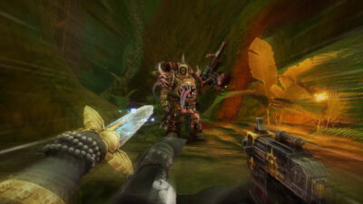 Warhammer 40,000: Boltgun 2 screenshot, Nyra Veyrath's power sword and bolt pistol facing a Plague Marine in a Nurgle jungle