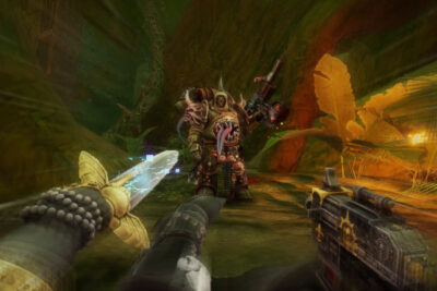 Warhammer 40,000: Boltgun 2 screenshot, Nyra Veyrath's power sword and bolt pistol facing a Plague Marine in a Nurgle jungle
