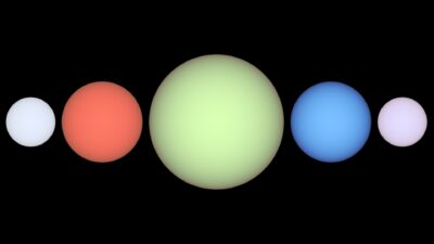 Five coloured star discs on black: white, salmon pink, pale green in the centre, blue and lilac, showing how white dwarfs would look up close