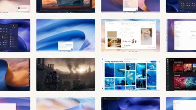 Windows 11 screens from Microsoft's announcement, showing Start, Photos, Ink Canvas and the Xbox app