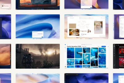 Windows 11 screens from Microsoft's announcement, showing Start, Photos, Ink Canvas and the Xbox app