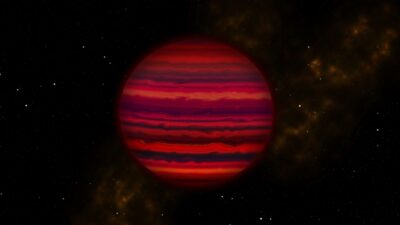 Artist's illustration of a reddish banded brown dwarf with streaky cloud belts against a starry background