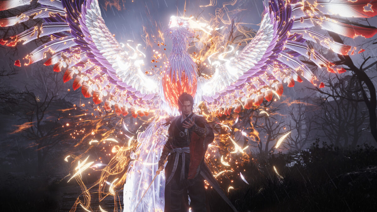 Wo Long 2: Wings of Ember screenshot: a warrior summons a glowing phoenix spirit with vast wings
