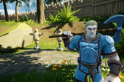 A bearded Slavic warrior in blue chainmail carries a battle axe on his shoulder in YAR: Forgotten Throne