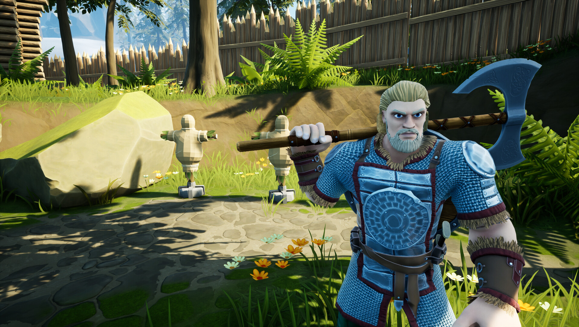A bearded Slavic warrior in blue chainmail carries a battle axe on his shoulder in YAR: Forgotten Throne