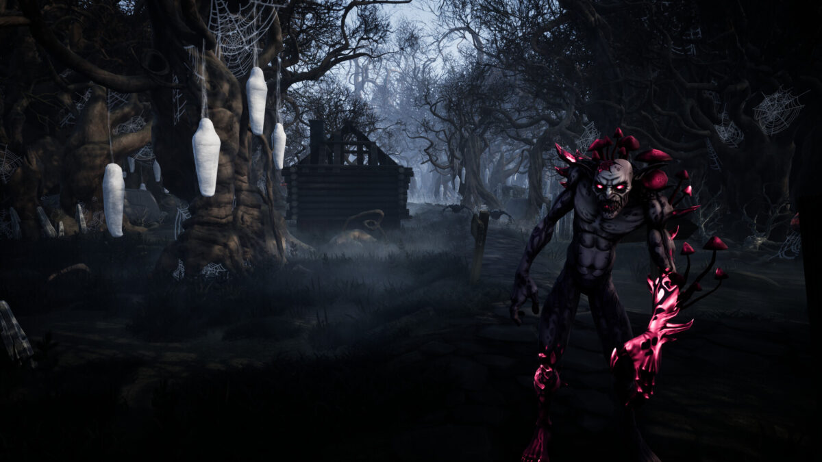 A corrupted creature with glowing red claws stalks a cobwebbed dead forest in YAR: Forgotten Throne
