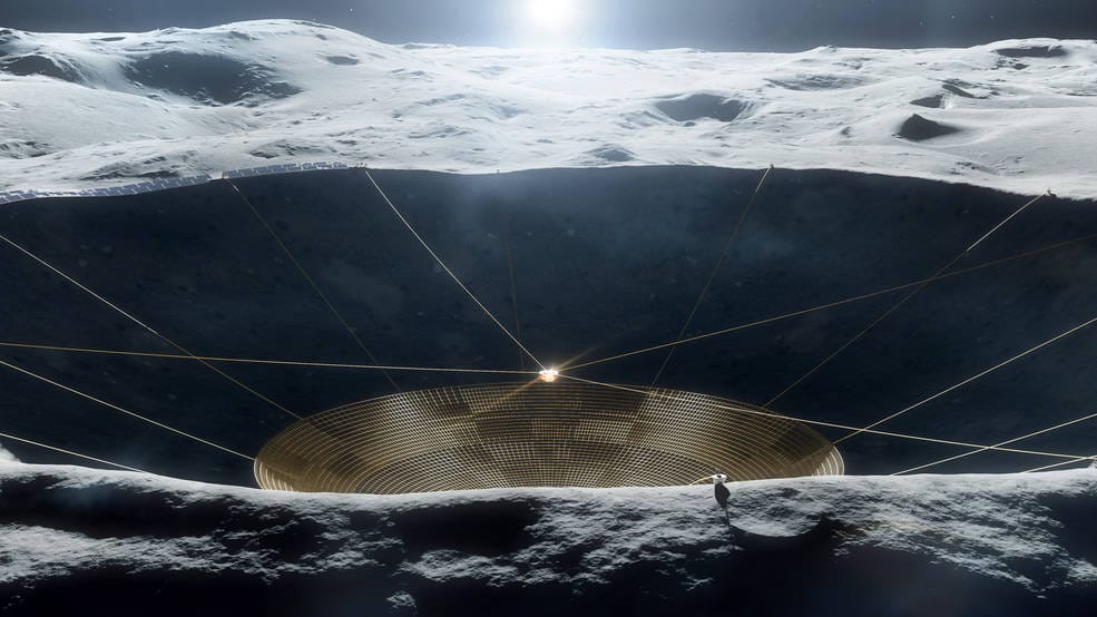 Illustration of a conceptual radio telescope within a crater on the Moon. The early-stage concept is being studied under grant funding from the NASA Innovative Advanced Concepts program but is not a NASA mission. Credits: Vladimir Vustyansky