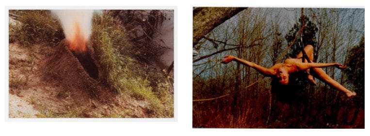 Left: Ana Mendieta, Volcán, 1979, color photograph. Right: Carolee Schneemann, Study for Up to and Including Her Limits, 1973. Color photograph, photo credit: Antony McCall.