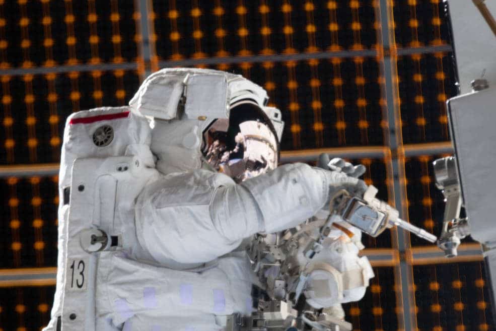 NASA astronaut Jessica Meir is pictured during a spacewalk she conducted with NASA astronaut Christina Koch Jessica Meir (out of frame) to install new lithium-ion batteries that store and distribute power collected from solar arrays on the station’s Port-6 truss structure. Credits: NASA