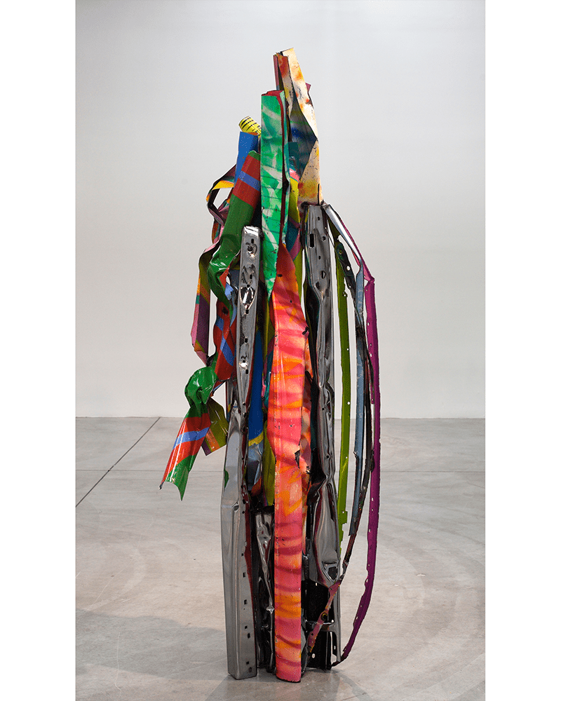 John Chamberlain, Rev. E. Piscpalian Swifty, 2005, painted and chromed steel, 90" x 29" x 21" (228.6 cm x 73.7 cm x 53.3 cm) © 2020 Fairweather & Fairweather LTD / Artists Rights Society (ARS), New York