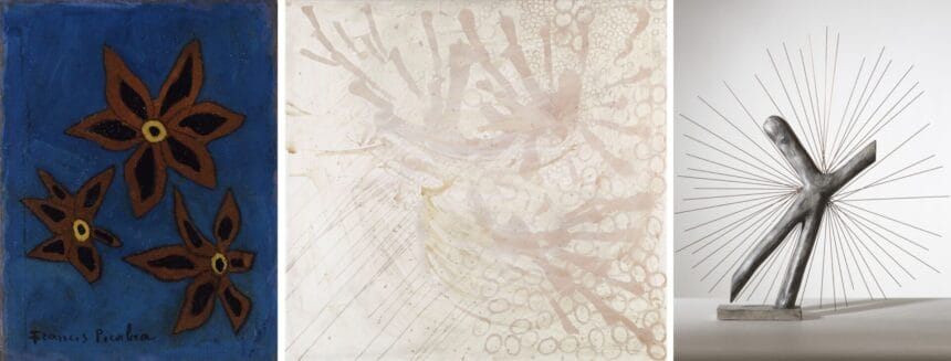 Left: Francis Picabia, "Fleurs", ca. 1938. Oil on board, 6 x 4 1/2 inches Center: Sigmar Polke, "Untitled", 1990. Silver nitrate, silver iodide on canvas, 74 3/4 x 78 3/4 inches Right: Enrico David, "Tools and Toys III", 2014 Jesmonite, graphite, copper, from an edition of 5 + 2 APs, 23 1/4 x 20 1/2 x 3 inches