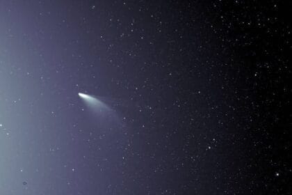 An unprocessed image from the WISPR instrument on board NASA’s Parker Solar Probe shows comet NEOWISE on July 5, 2020, shortly after its closest approach to the Sun. The Sun is out of frame to the left. The faint grid pattern near the center of the image is an artifact of the way the image is created. The small black structure near the lower left of the image is caused by a grain of dust resting on the imager’s lens. Credits: NASA/Johns Hopkins APL/Naval Research Lab/Parker Solar Probe/Brendan Gallagher Download additional imagery from NASA Goddard's Scientific Visualization Studio.