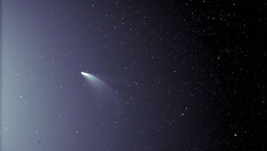 An unprocessed image from the WISPR instrument on board NASA’s Parker Solar Probe shows comet NEOWISE on July 5, 2020, shortly after its closest approach to the Sun. The Sun is out of frame to the left. The faint grid pattern near the center of the image is an artifact of the way the image is created. The small black structure near the lower left of the image is caused by a grain of dust resting on the imager’s lens. Credits: NASA/Johns Hopkins APL/Naval Research Lab/Parker Solar Probe/Brendan Gallagher Download additional imagery from NASA Goddard's Scientific Visualization Studio.