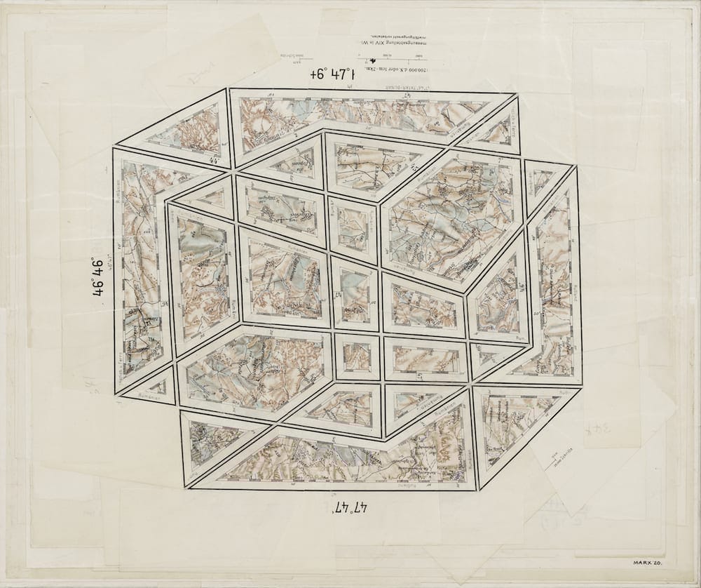 Image: Gerhard Marx, Two Things (II), 2020, Reconfigured Map fragments on Canvas, 34.7 x 416 cm