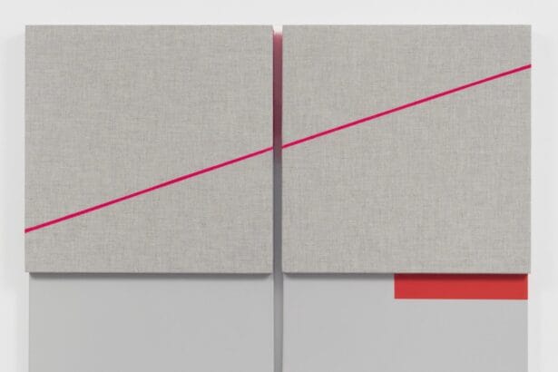 Jennie C. Jones, Fractured Crescendo, Red Rest, 2020, acoustic absorber panel and acrylic on canvas, diptych overall: 36 x 49 1/2 x 2 in (91.4 x 125.7 x 5.1 cm), each: 36 x 24 x 2 in (91.4 x 61 x 5.1 cm). Courtesy Alexander Gray Associates, New York; Patron Gallery, Chicago, IL, © Jennie C. Jones /Artists Rights Society (ARS), New York.