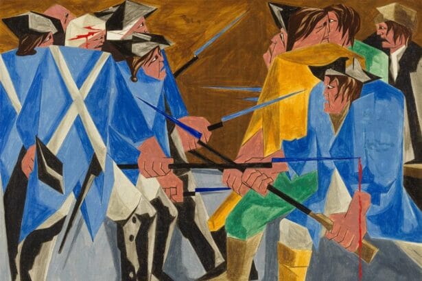 Jacob Lawrence, (American, 1917–2000). There are combustibles in every State, which a spark might set fire to. —Washington, 26 December 1786, Panel 16, 1956, from Struggle: From the History of the American People, 1954–56. Egg tempera on hardboard. Private Collection. © The Jacob and Gwendolyn Knight Lawrence Foundation, Seattle/Artists Rights Society (ARS), New York. Photo by Anna-Marie Kellen.