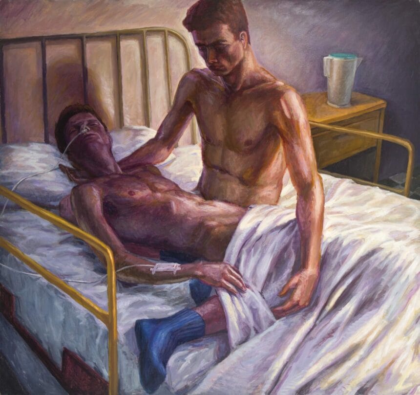 Hugh Steers, Hospital Bed, 1993, oil on canvas, 61.25h x 65.13w in (155.7h x 165.35w cm). Courtesy Alexander Gray Associates, New York, © Estate of Hugh Steers.