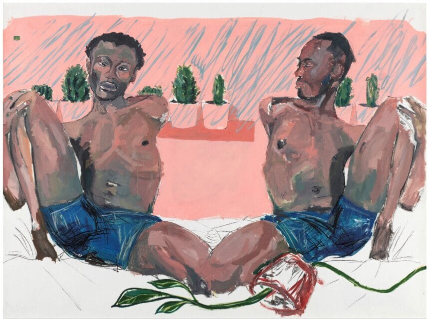 Kudzanai-Violet Hwami (Zimbabwean, born 1993), Adam and Steve joined by the knee, a study. Estimate: £30,000 - 50,000.