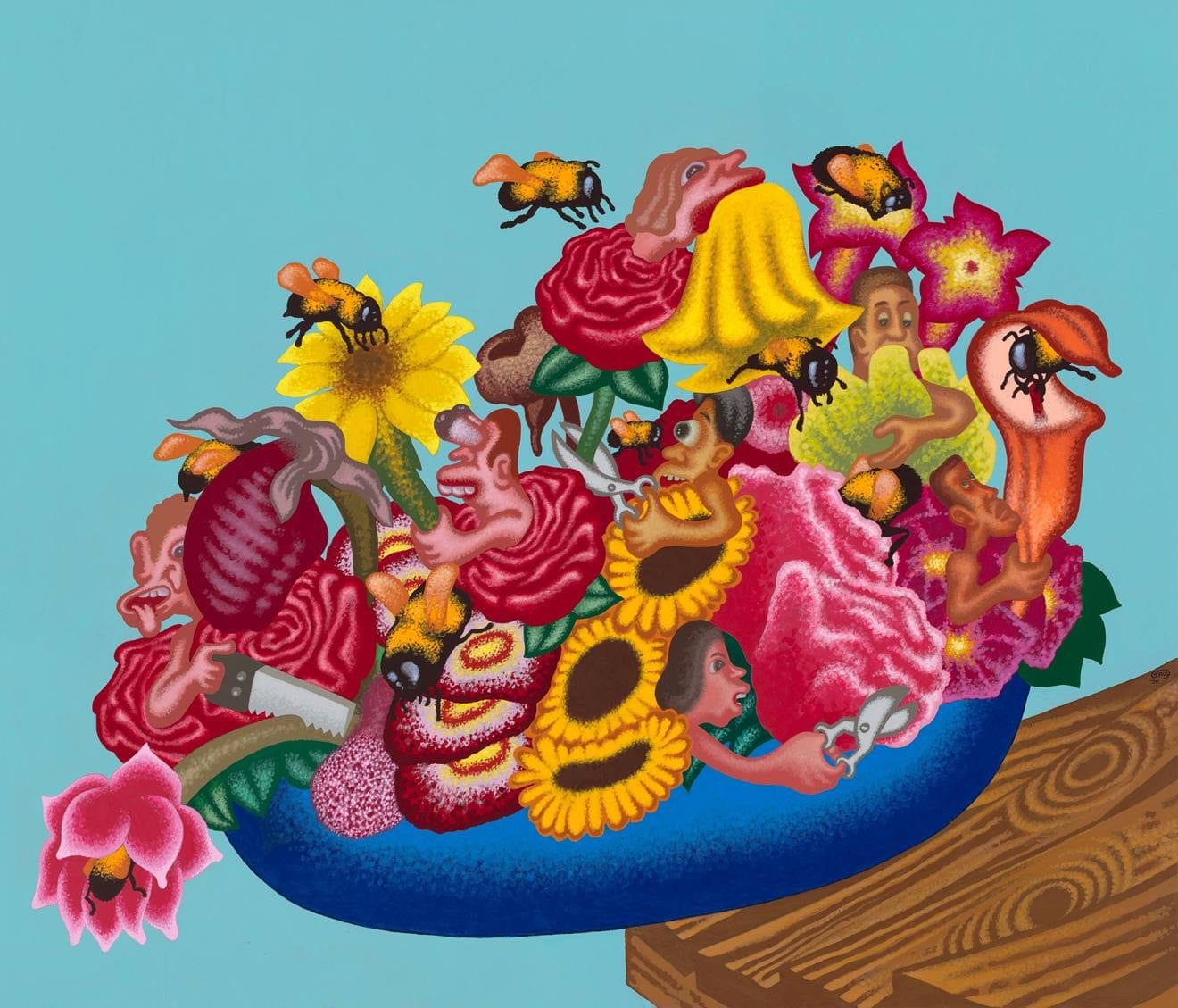 Peter Saul, “The World Is a Bowl of Flowers”, 2020 Acrylic on canvas, 72 x 84 inches (183 x 213.5 cm)