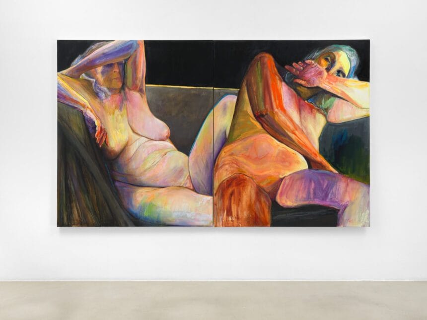 Joan Semmel, Couch Diptych, 2019, Oil on canvas, Diptych: 72 x 120 in overall (182.9 x 304.8 cm overall)