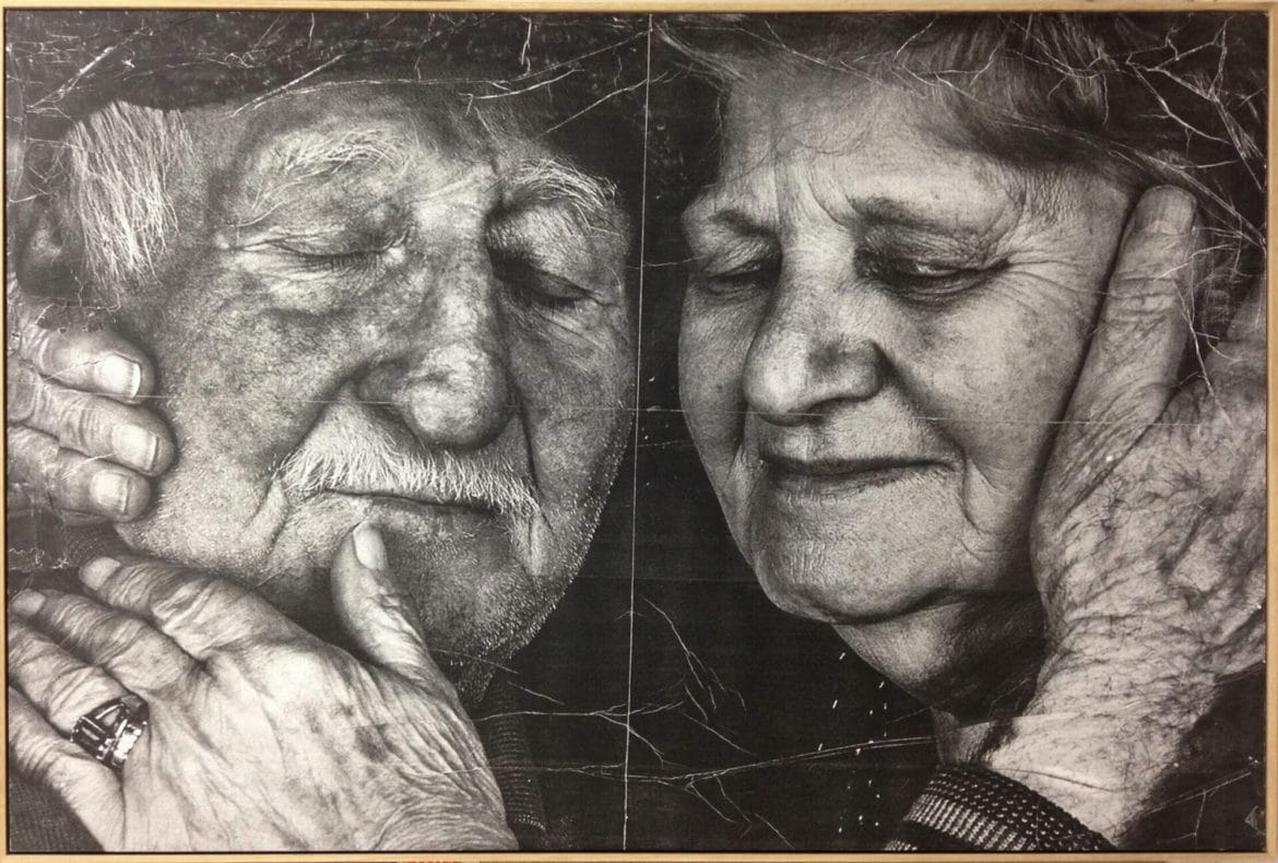JR The Wrinkles of the City, Istanbul, Ali Kamil & Sukran Kadakal, Pasted palimpsest, Turkey, 2015 B&W print on paper, pasted on artwork (color print, mounted on dibond, matt Plexiglas, flushed wooden black frame), matt varnish, wood frame 123 cm × 183 cm (48-7/16" × 72-1/16")