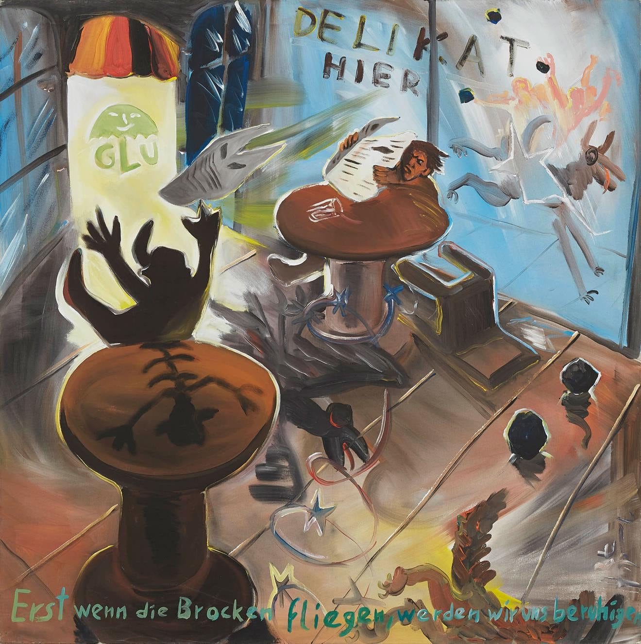 Jörg Immendorff, “Erst wenn die Brocken fliegen, werden wir uns beruhigen (Only When the Rocks are Flying Will We Be Appeased)”, 1978 Acrylic on canvas, 59 x 59 inches (150 x 150 cm)